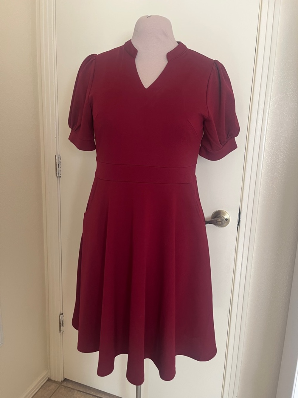 Burgundy Fit-and-Flare Dress with V-Notch Neckline Large